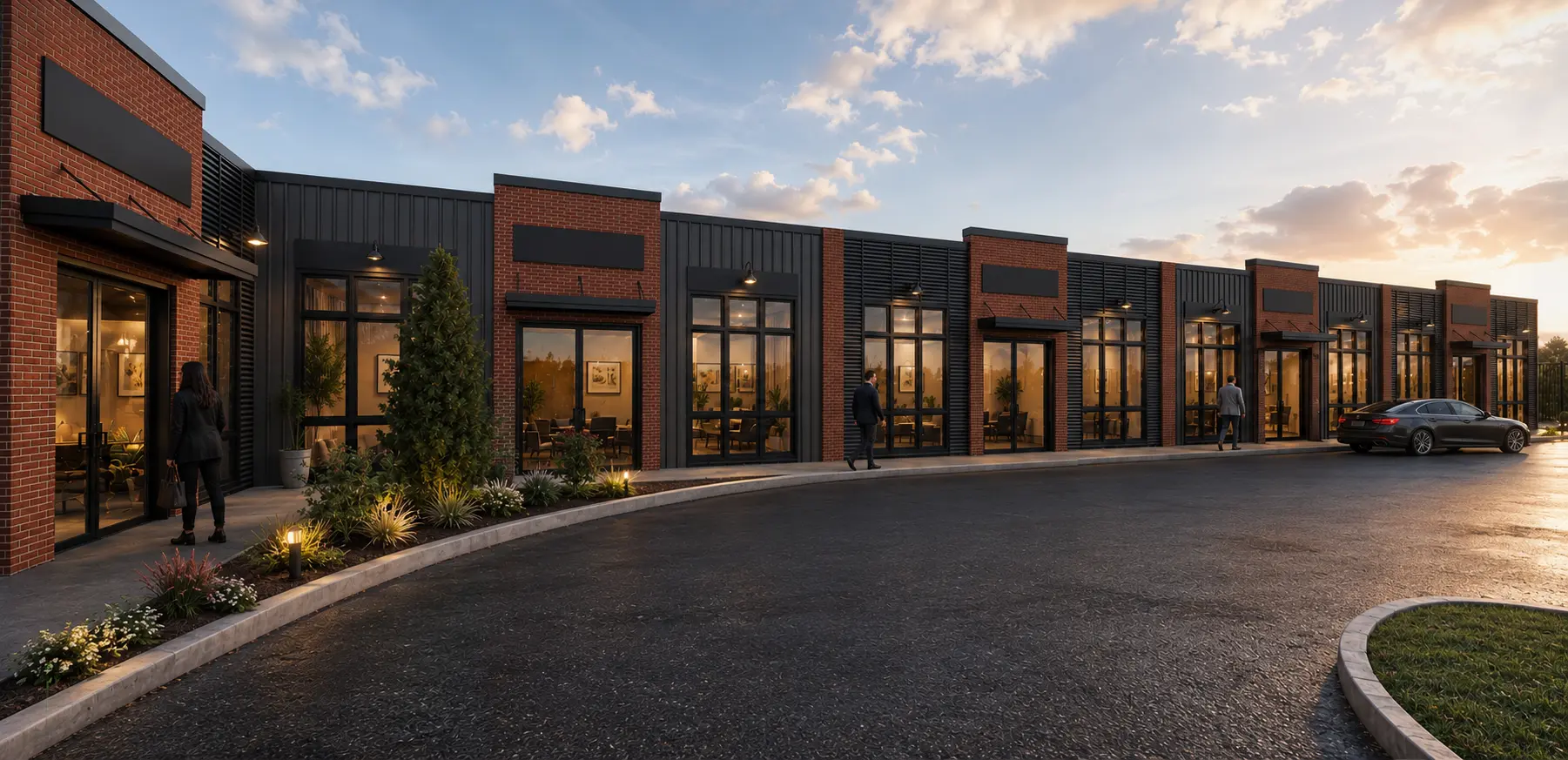 Storefront run — Brick piers, dark metal panel and full-height glazing along the unit frontages