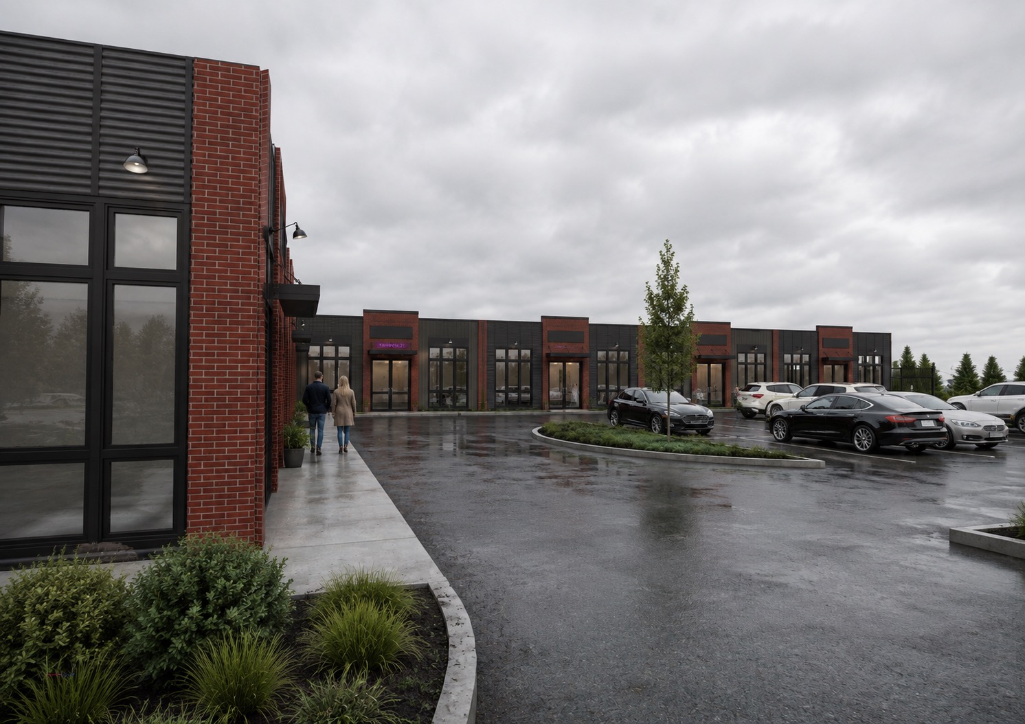 Aerial architectural rendering showing the Three Hills Crossing building, parking court and site circulation