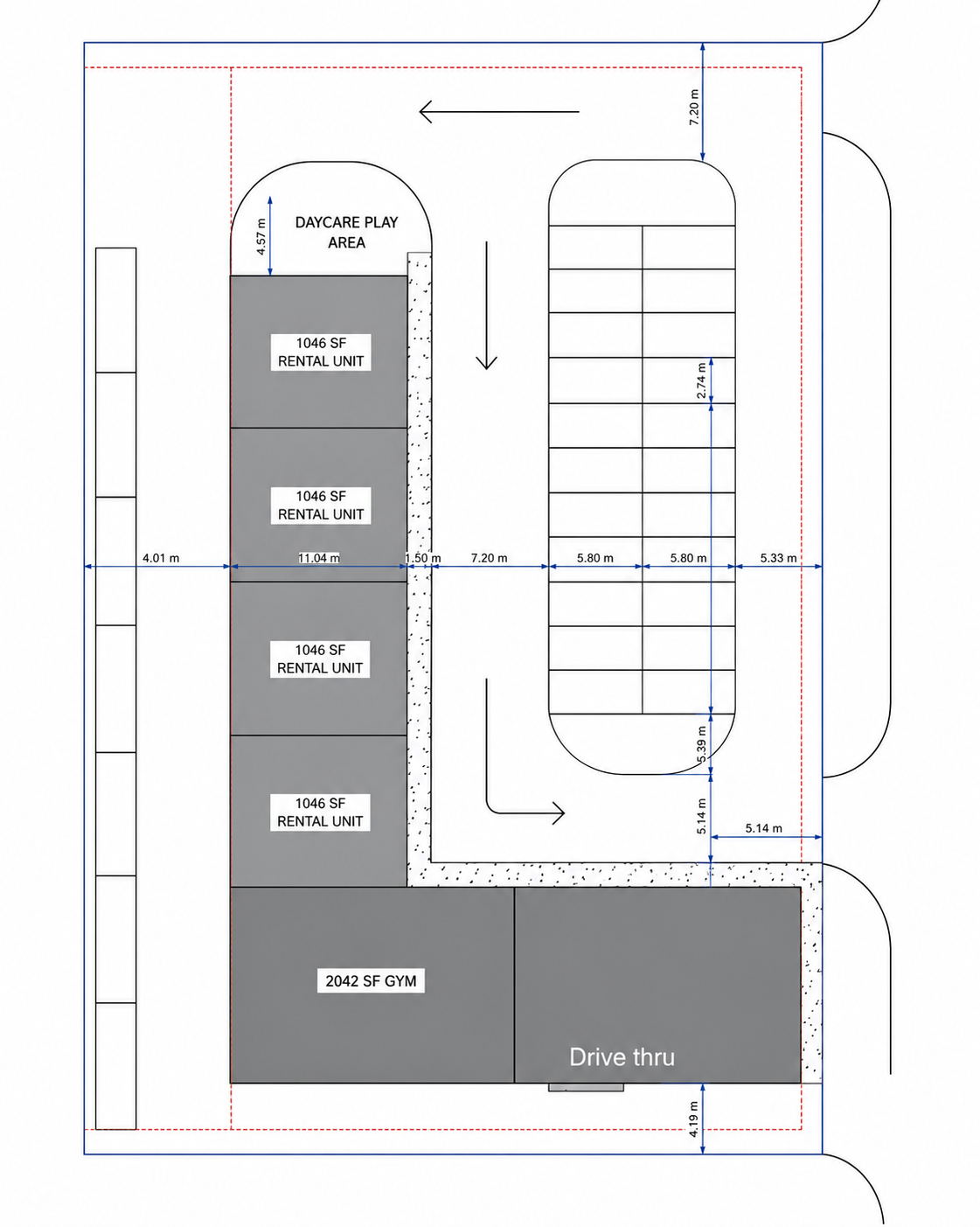 Site plan of Three Hills Crossing showing four 1,046 SF rental units, a 2,042 SF gym unit, a drive-thru end-cap, the daycare play area and the parking court