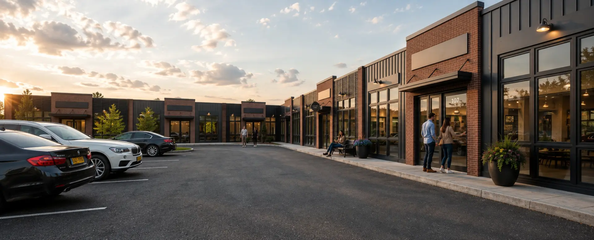 Parking court — Barrier-free stalls and a walkway running the length of every unit